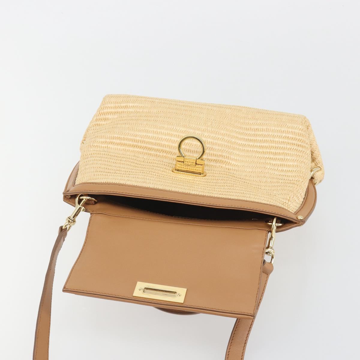 Salvatore Ferragamo Gancini Hand Bag Straw 2way Beige Gold Auth 192906V