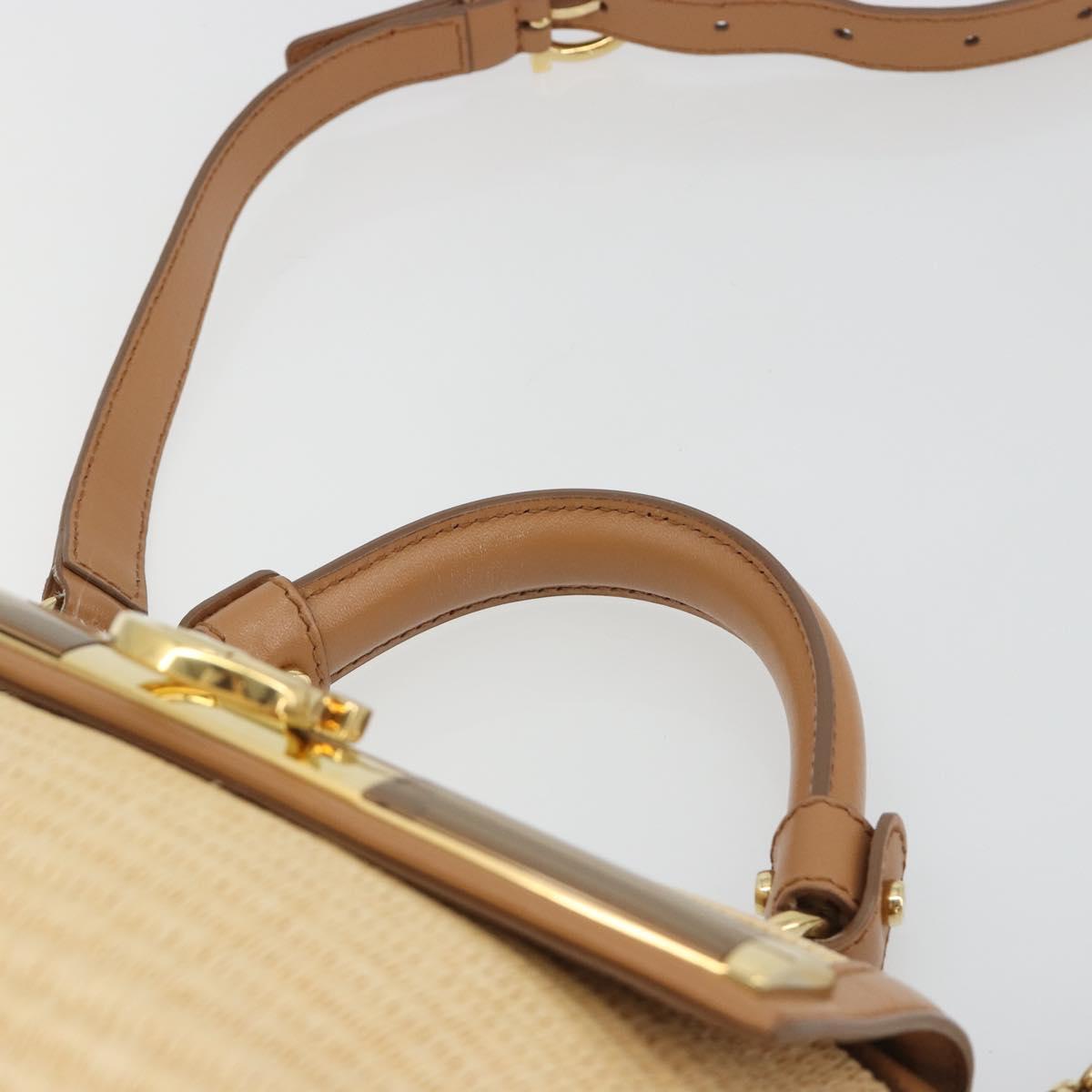 Salvatore Ferragamo Gancini Hand Bag Straw 2way Beige Gold Auth 192906V