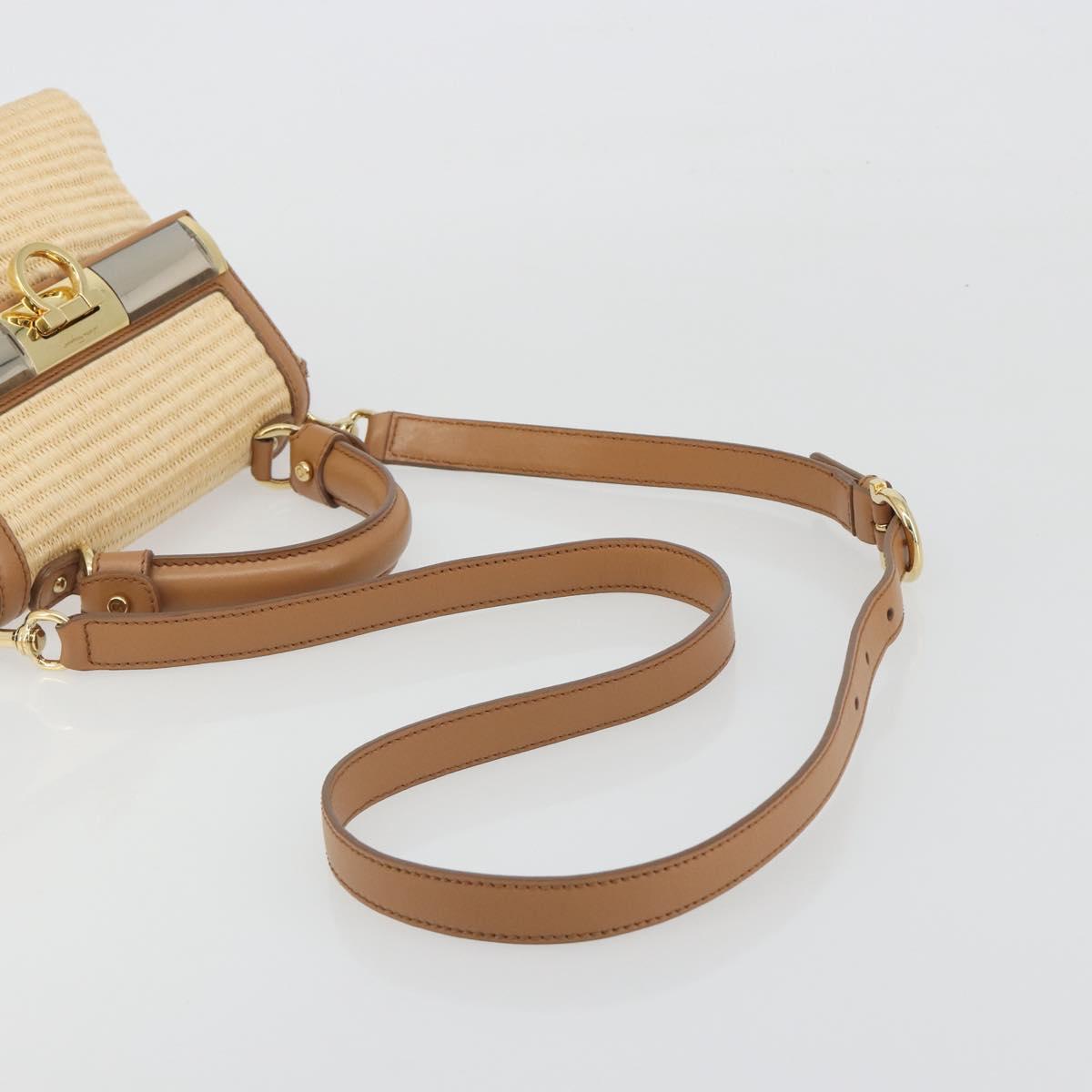Salvatore Ferragamo Gancini Hand Bag Straw 2way Beige Gold Auth 192906V