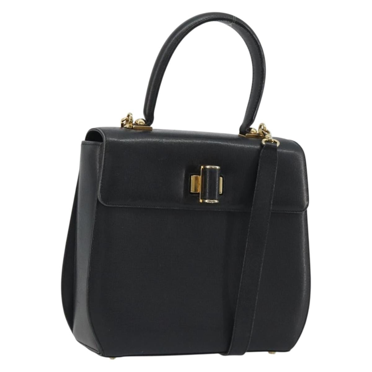 Salvatore Ferragamo Gancini Hand Bag Leather 2way Black Gold Tone Auth 192915