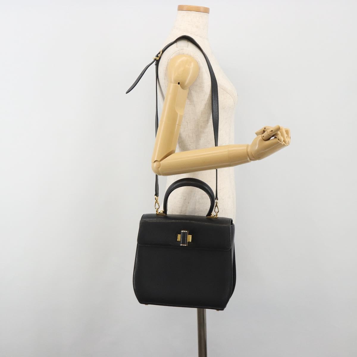 Salvatore Ferragamo Gancini Hand Bag Leather 2way Black Gold Tone Auth 192915