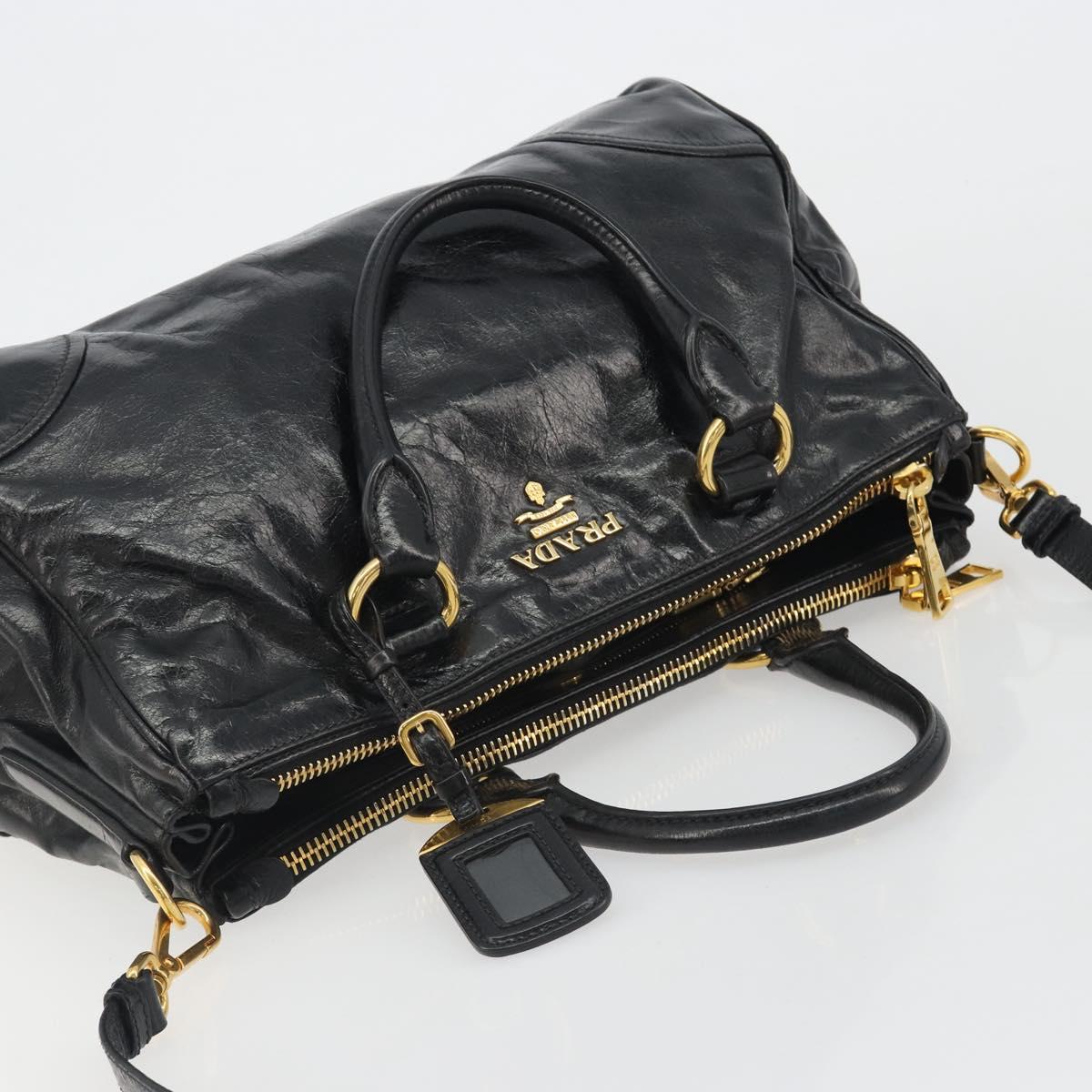 PRADA Hand Bag Leather 2way Black Gold Tone Auth 192927V