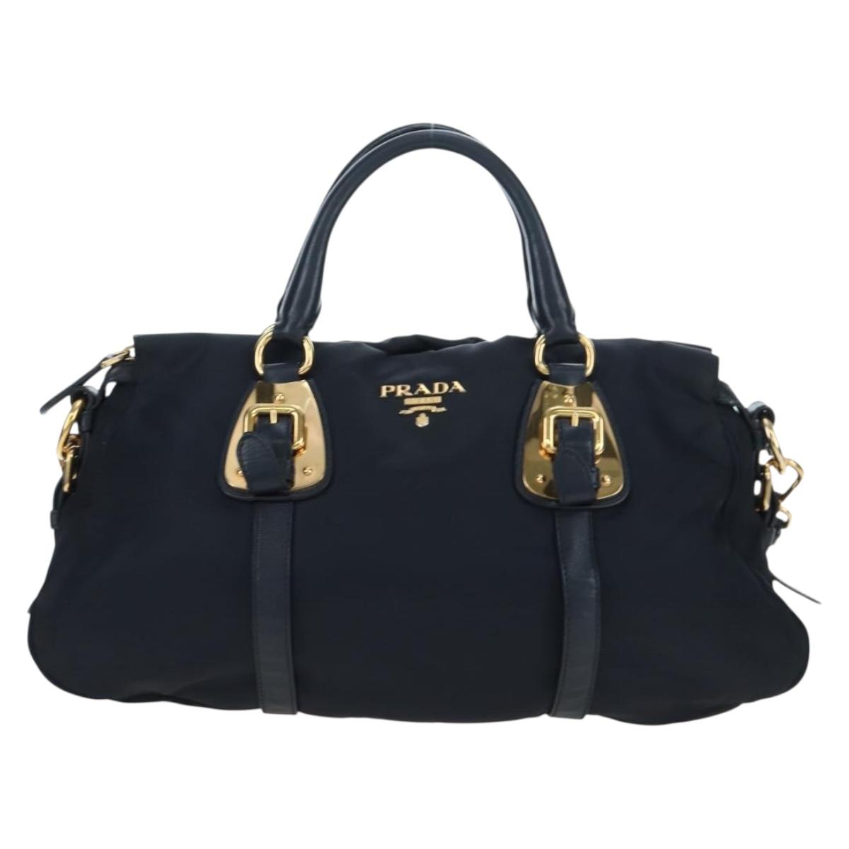 PRADA Hand Bag Nylon 2way Navy Gold Auth 192936V