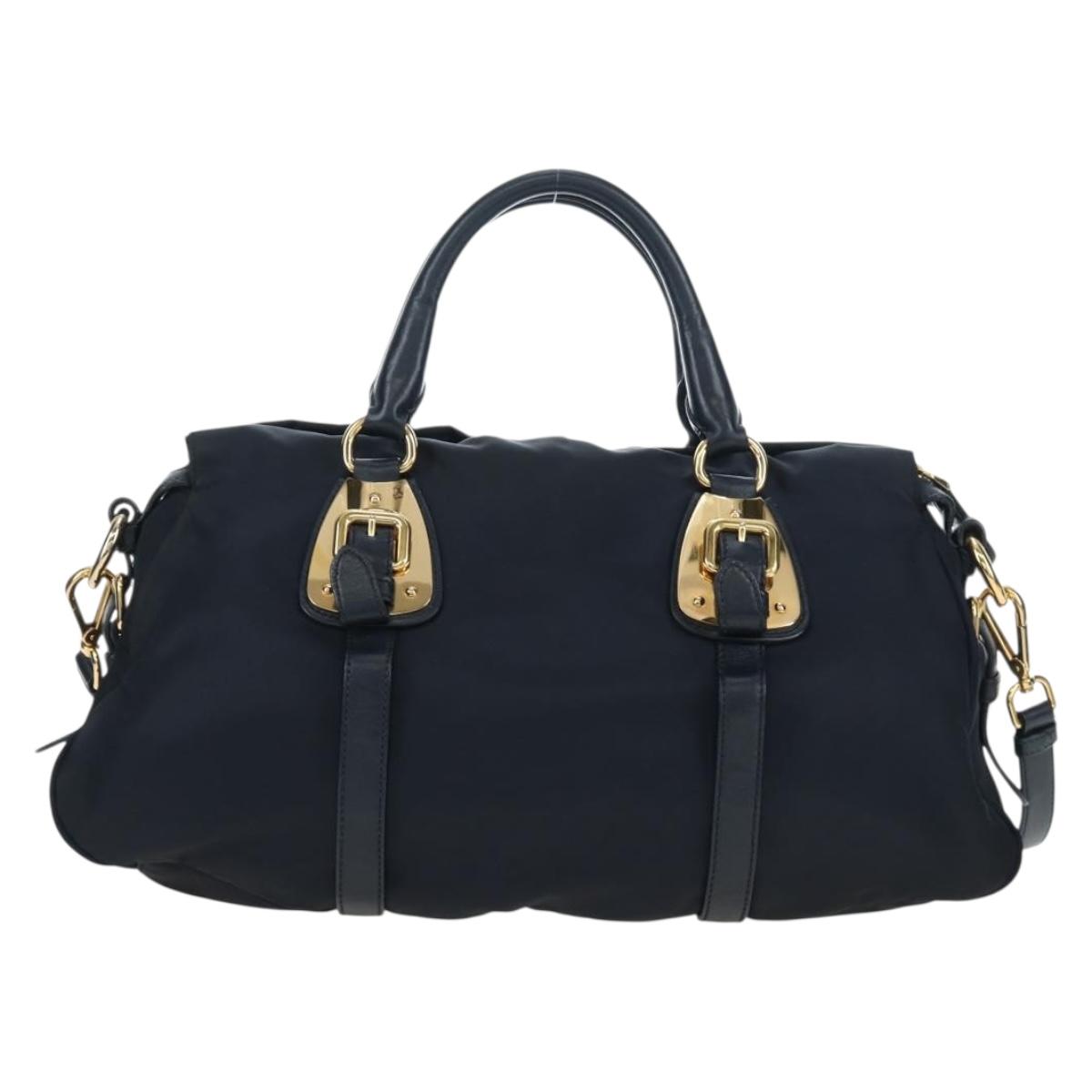 PRADA Hand Bag Nylon 2way Navy Gold Auth 192936V