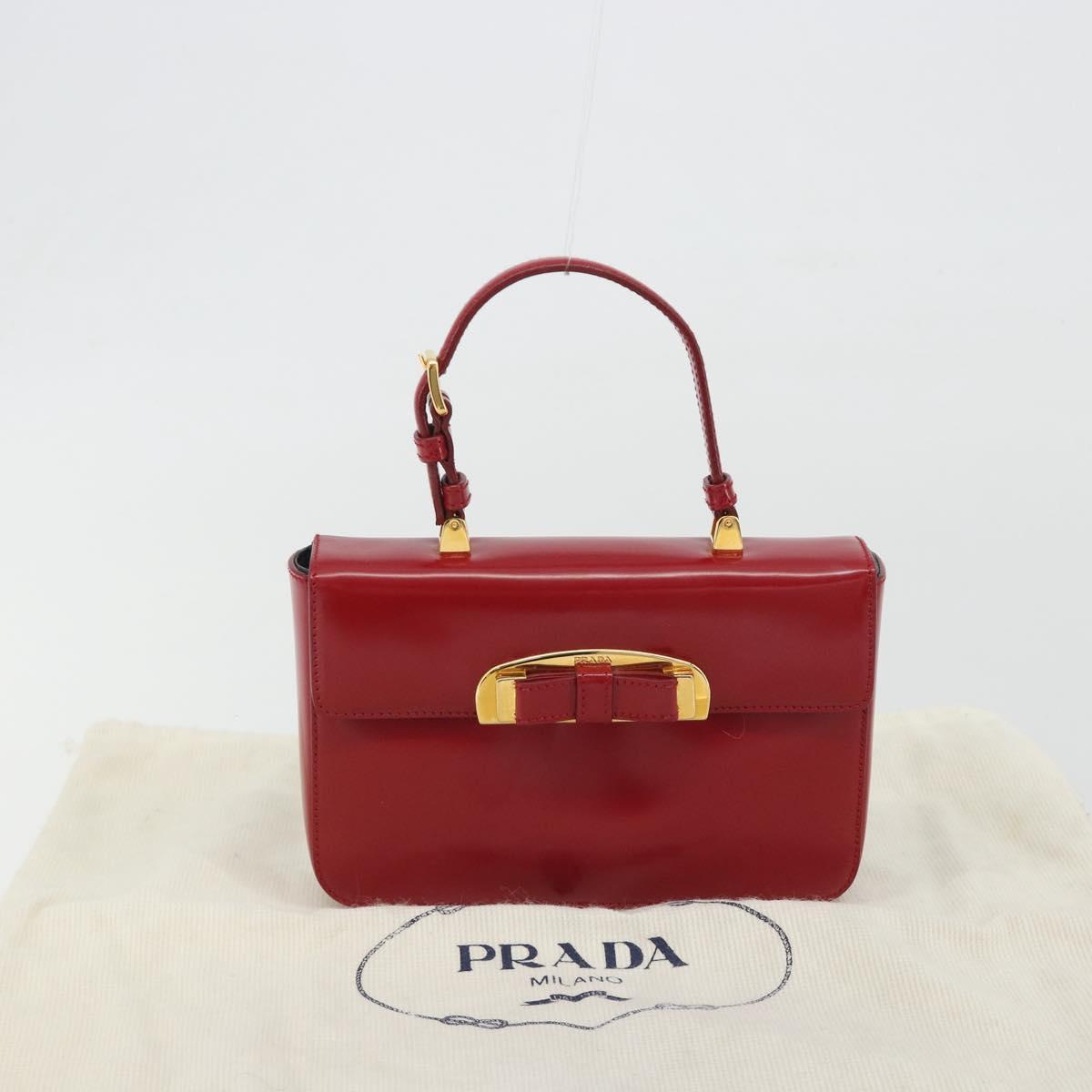 PRADA Hand Bag Leather Red Gold Auth 192949V