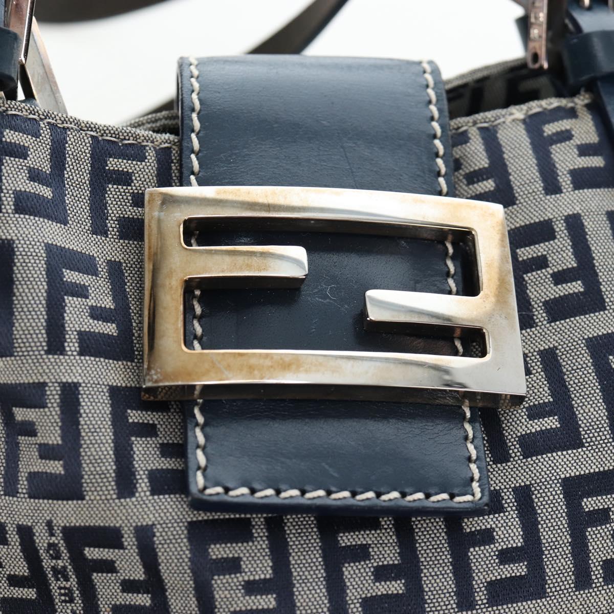 FENDI Zucchino Canvas Mamma Baguette Hand Bag Navy Silver Auth 192983V