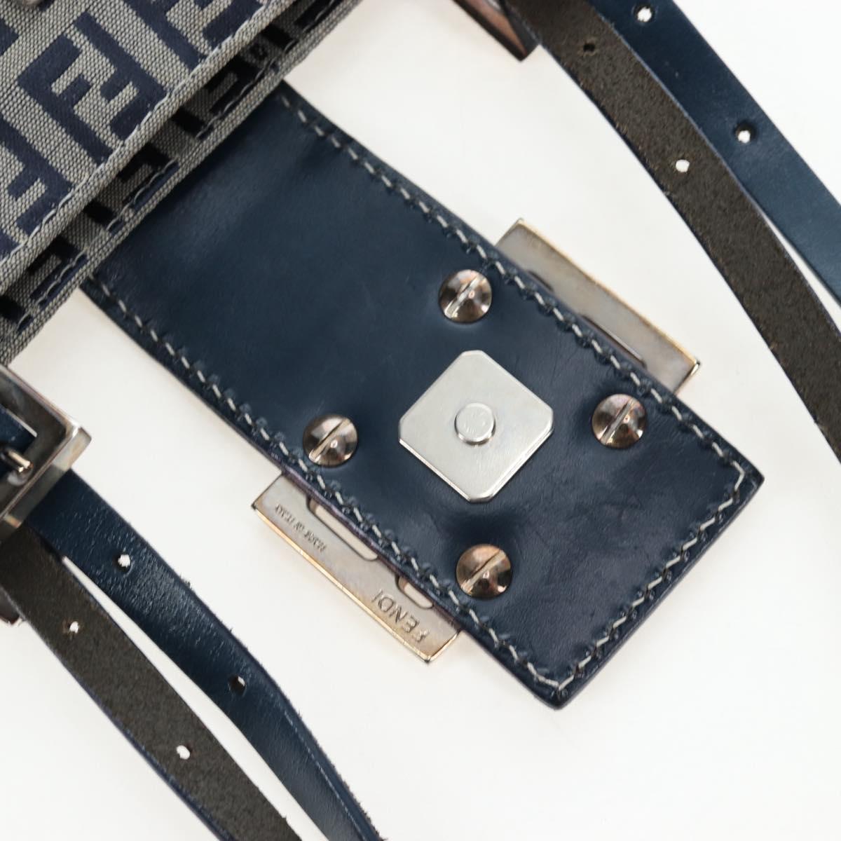 FENDI Zucchino Canvas Mamma Baguette Hand Bag Navy Silver Auth 192983V