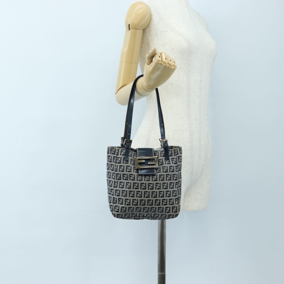 FENDI Zucchino Canvas Mamma Baguette Hand Bag Navy Silver Auth 192983V