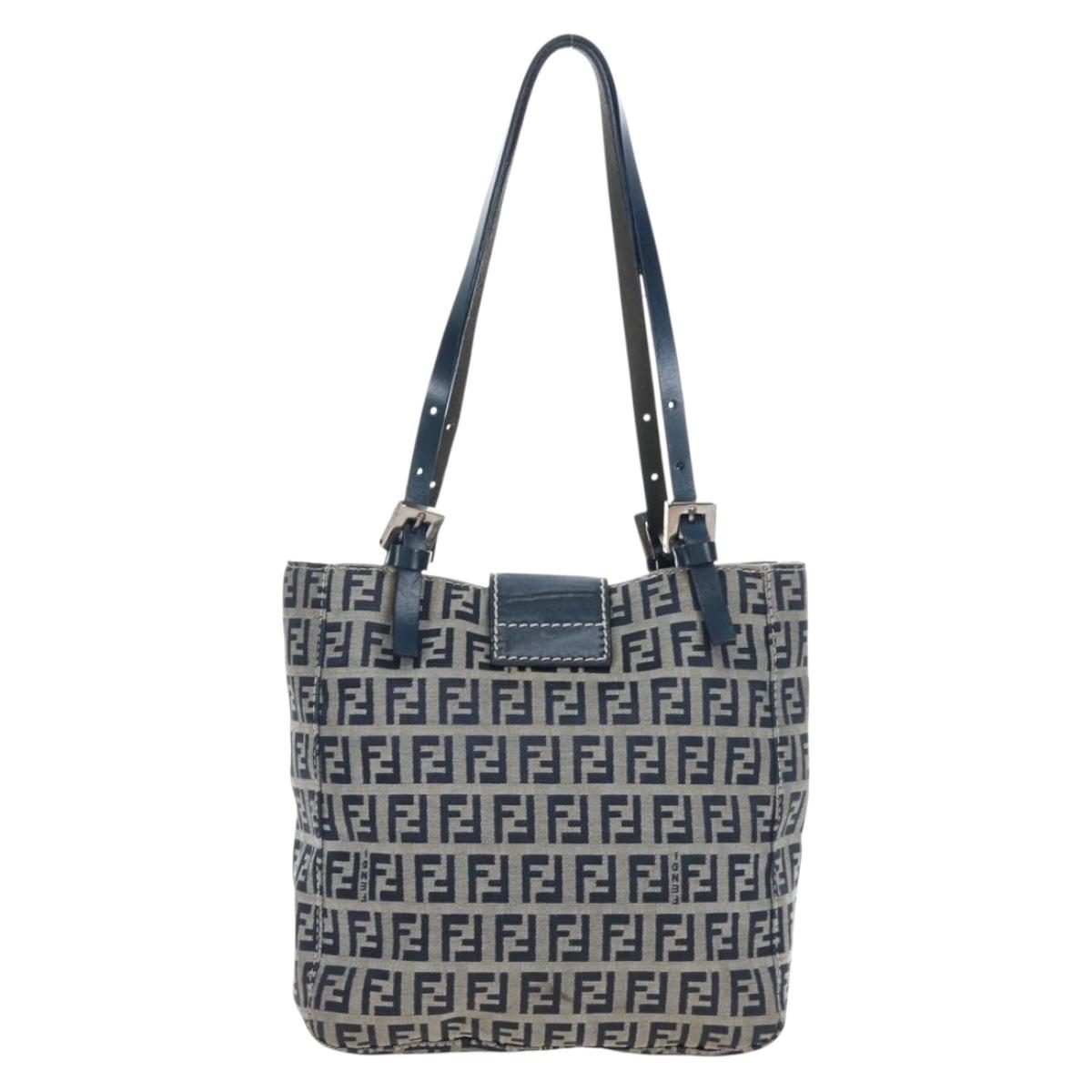 FENDI Zucchino Canvas Mamma Baguette Hand Bag Navy Silver Auth 192983V