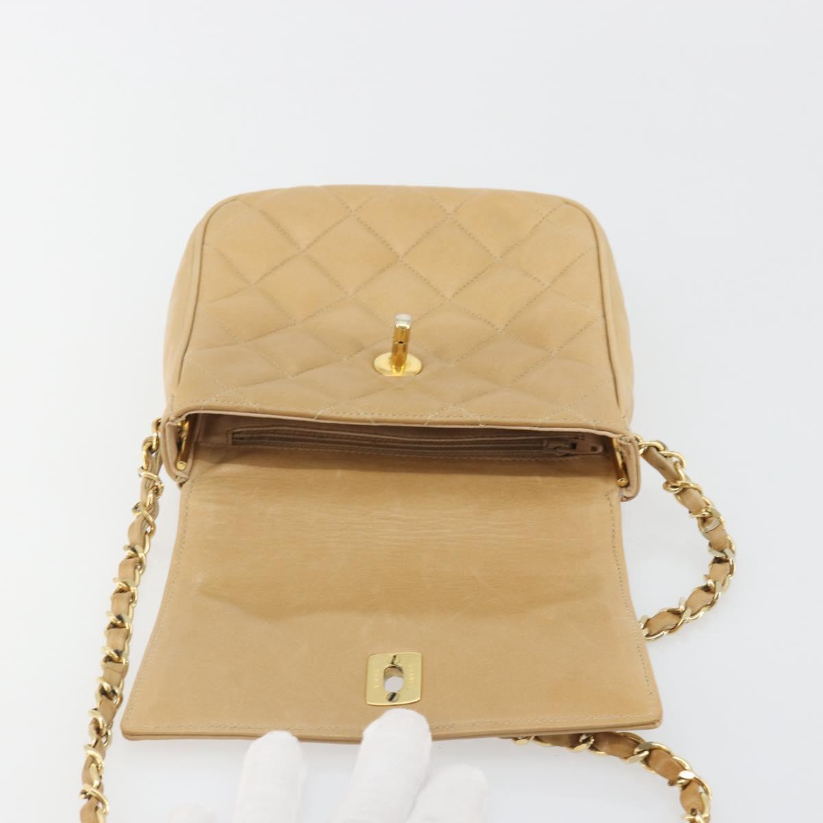 CHANEL Matelasse Chain Shoulder Bag Lamb Skin Beige Gold CC Auth 193017