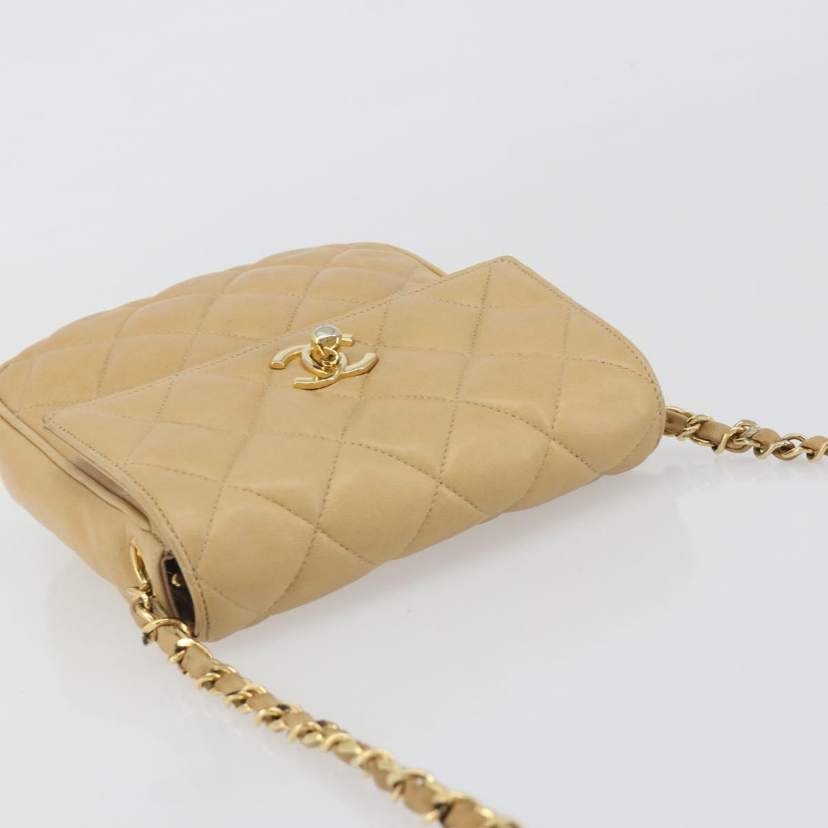 CHANEL Matelasse Chain Shoulder Bag Lamb Skin Beige Gold CC Auth 193017