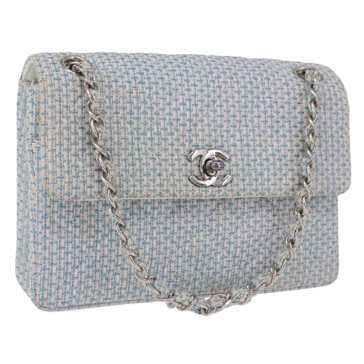 CHANEL Matelasse Chain Shoulder Bag Canvas Light Blue Silver CC Auth 193022SAM