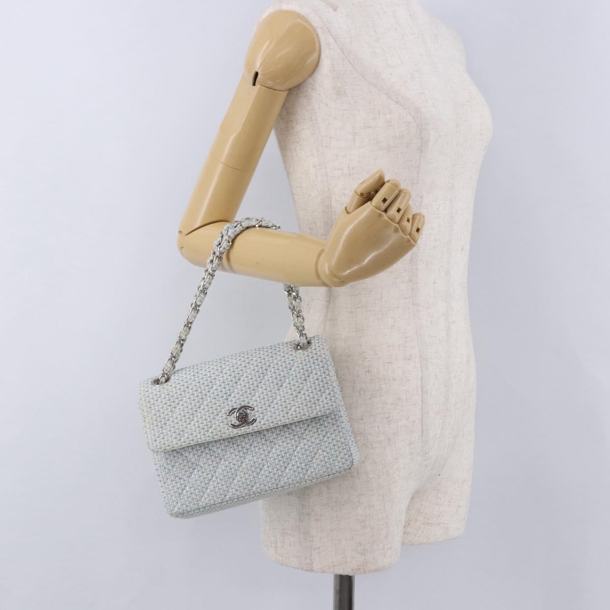 CHANEL Matelasse Chain Shoulder Bag Canvas Light Blue Silver CC Auth 193022SAM