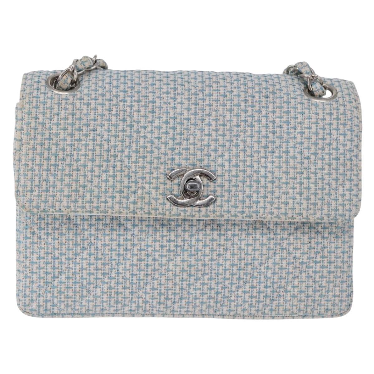 CHANEL Matelasse Chain Shoulder Bag Canvas Light Blue Silver CC Auth 193022SAM