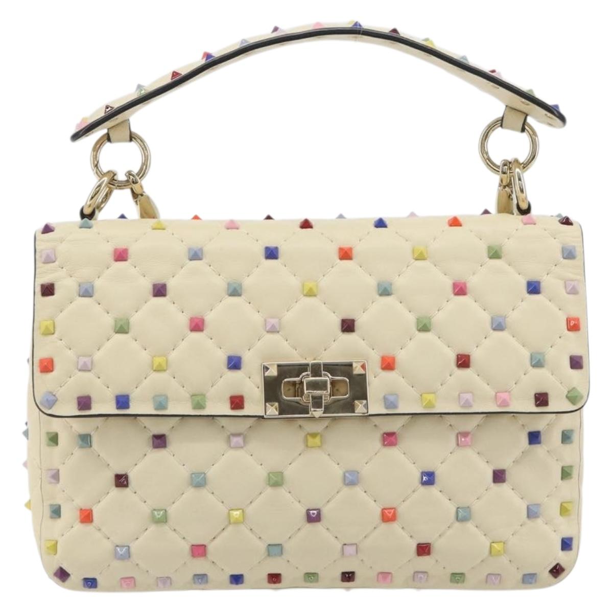 VALENTINO Rock Studs Chain Shoulder Bag Leather 2way Ivory Gold Auth 193023V