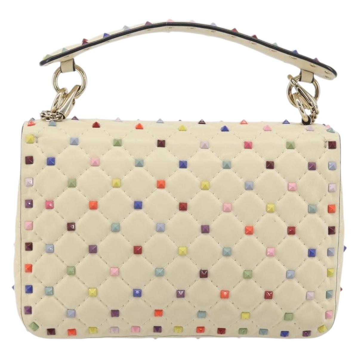 VALENTINO Rock Studs Chain Shoulder Bag Leather 2way Ivory Gold Auth 193023V