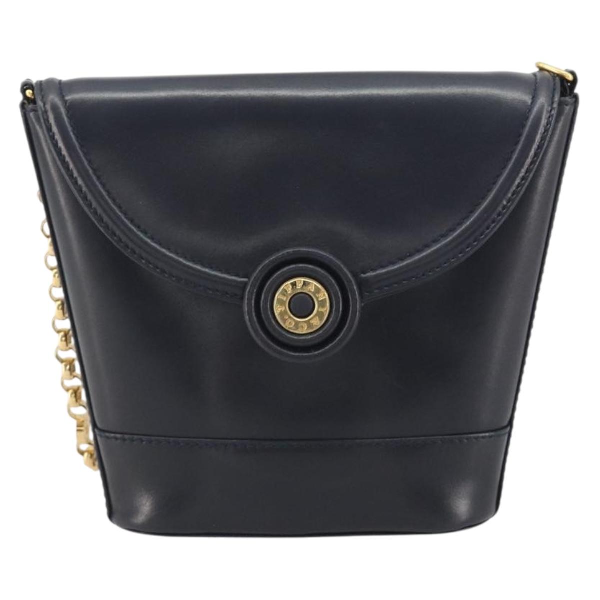 TIFFANY&Co. Chain Shoulder Bag Leather Navy Gold Auth 193026A