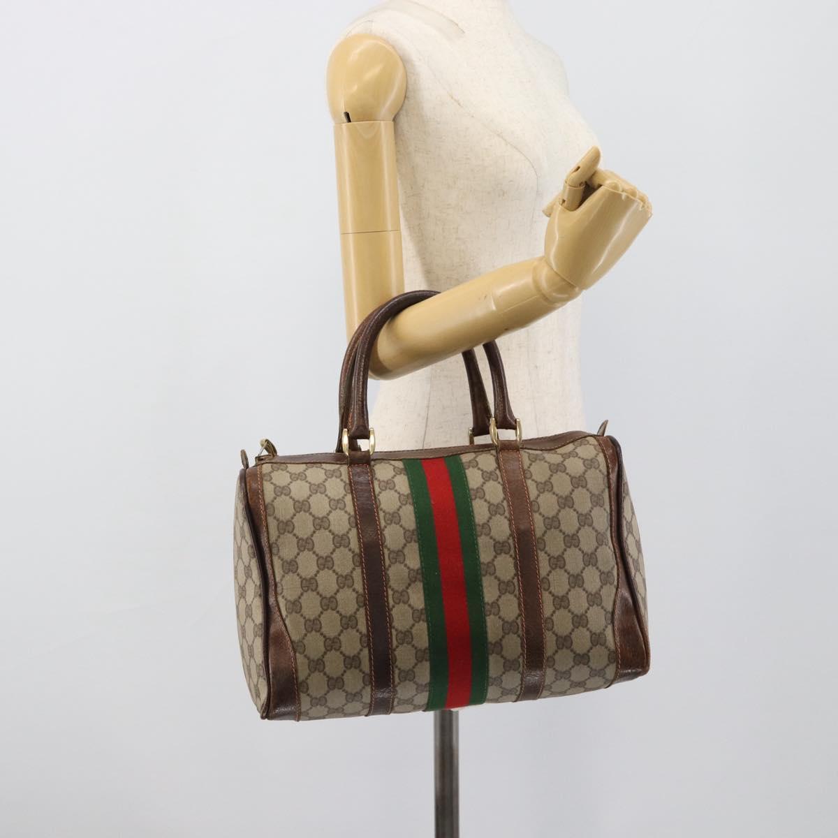 GUCCI GG Supreme Web Sherry Line Boston Bag PVC Beige Gold Auth 193047