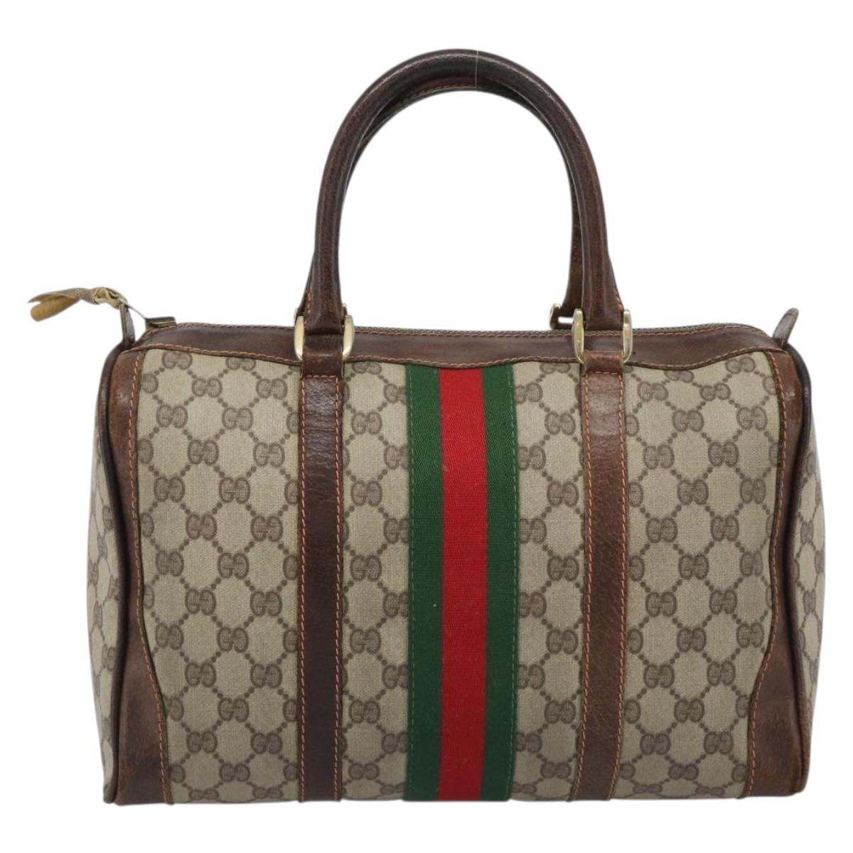 GUCCI GG Supreme Web Sherry Line Boston Bag PVC Beige Gold Auth 193047