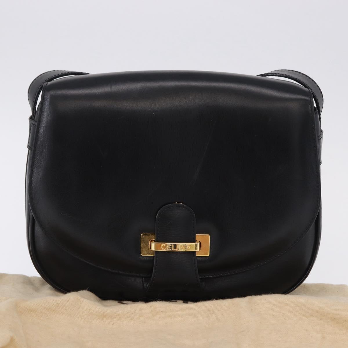 CELINE Shoulder Bag Leather Black Gold Auth 193055
