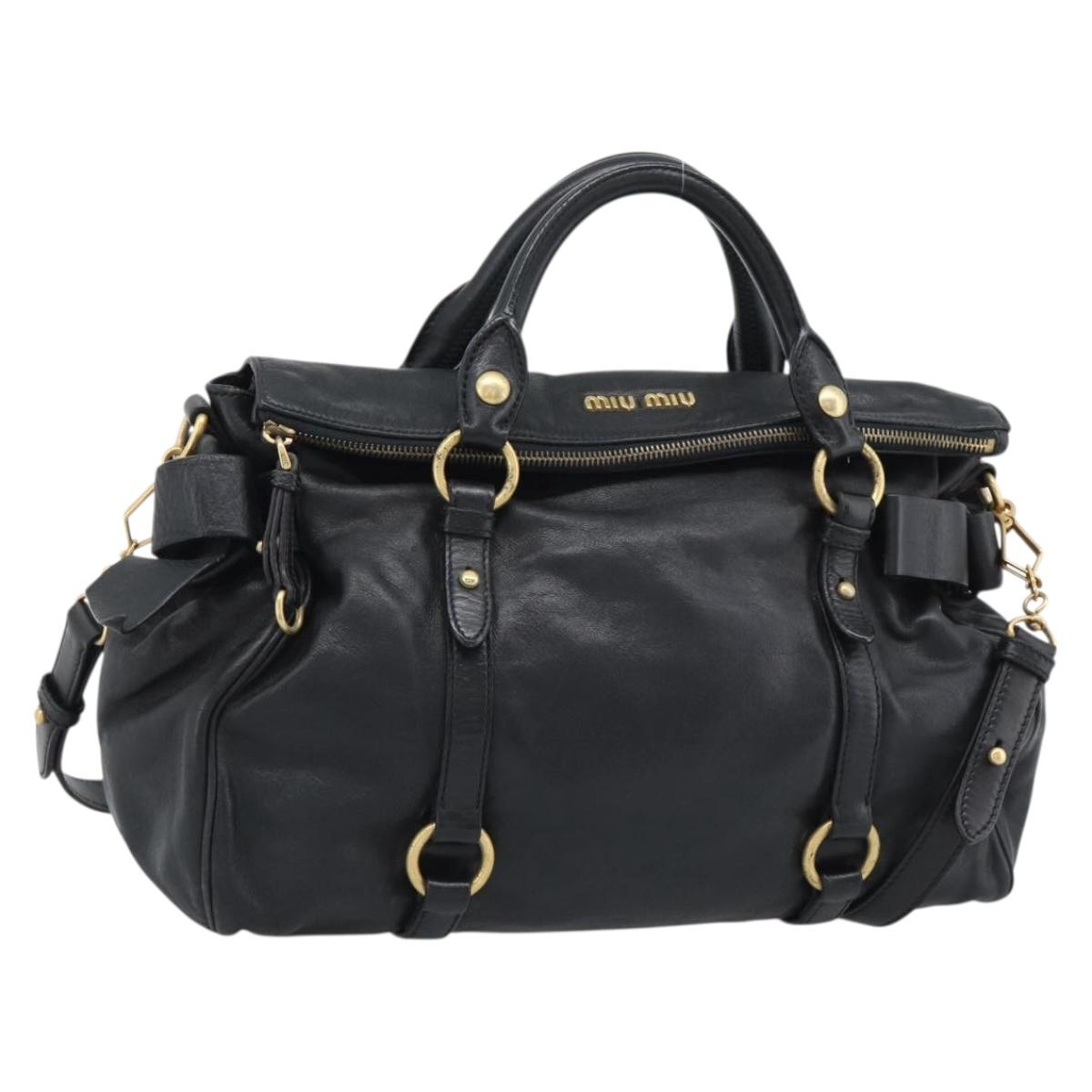 Miu Miu Ribbon Hand Bag Leather 2way Black Gold Auth 193057M