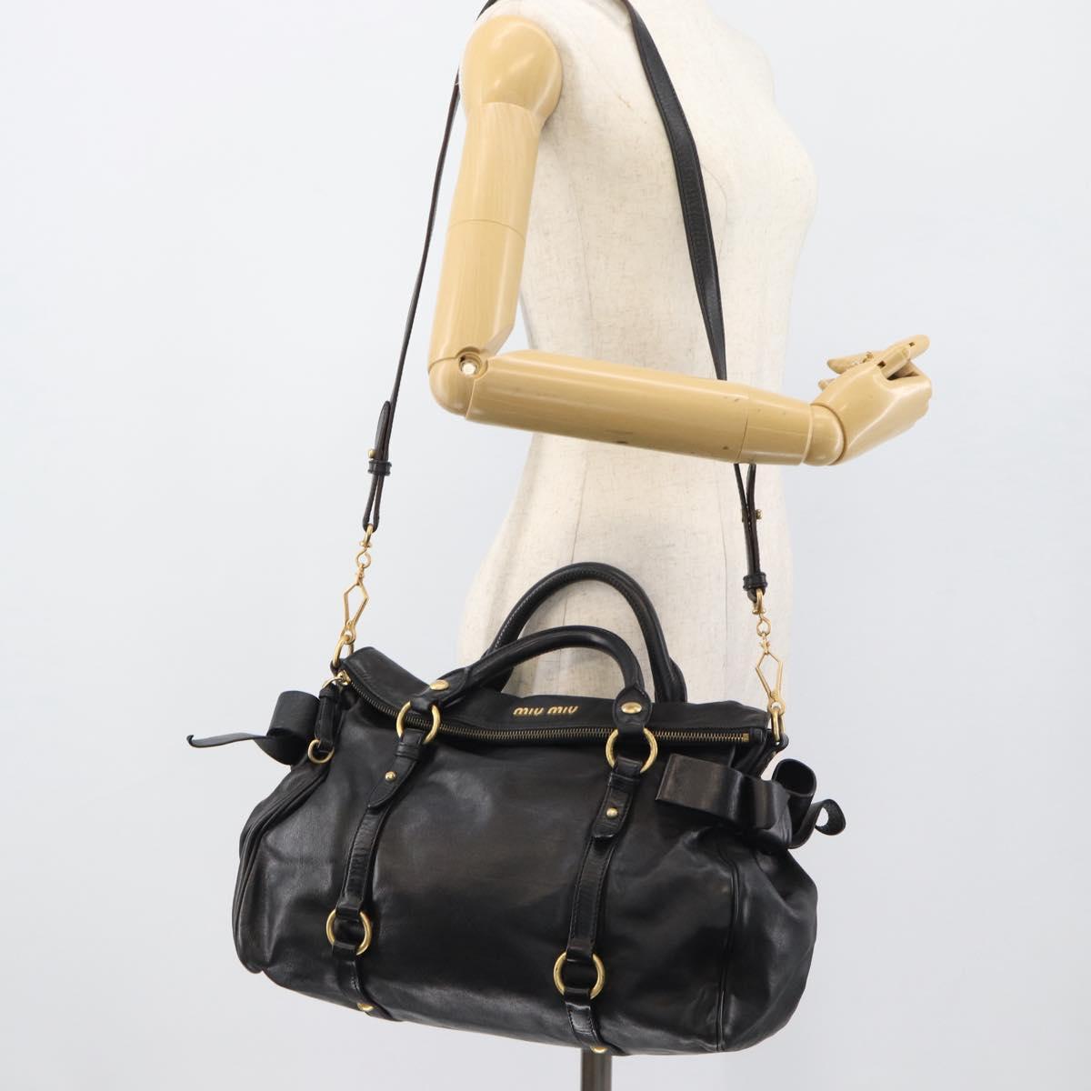Miu Miu Ribbon Hand Bag Leather 2way Black Gold Auth 193057M
