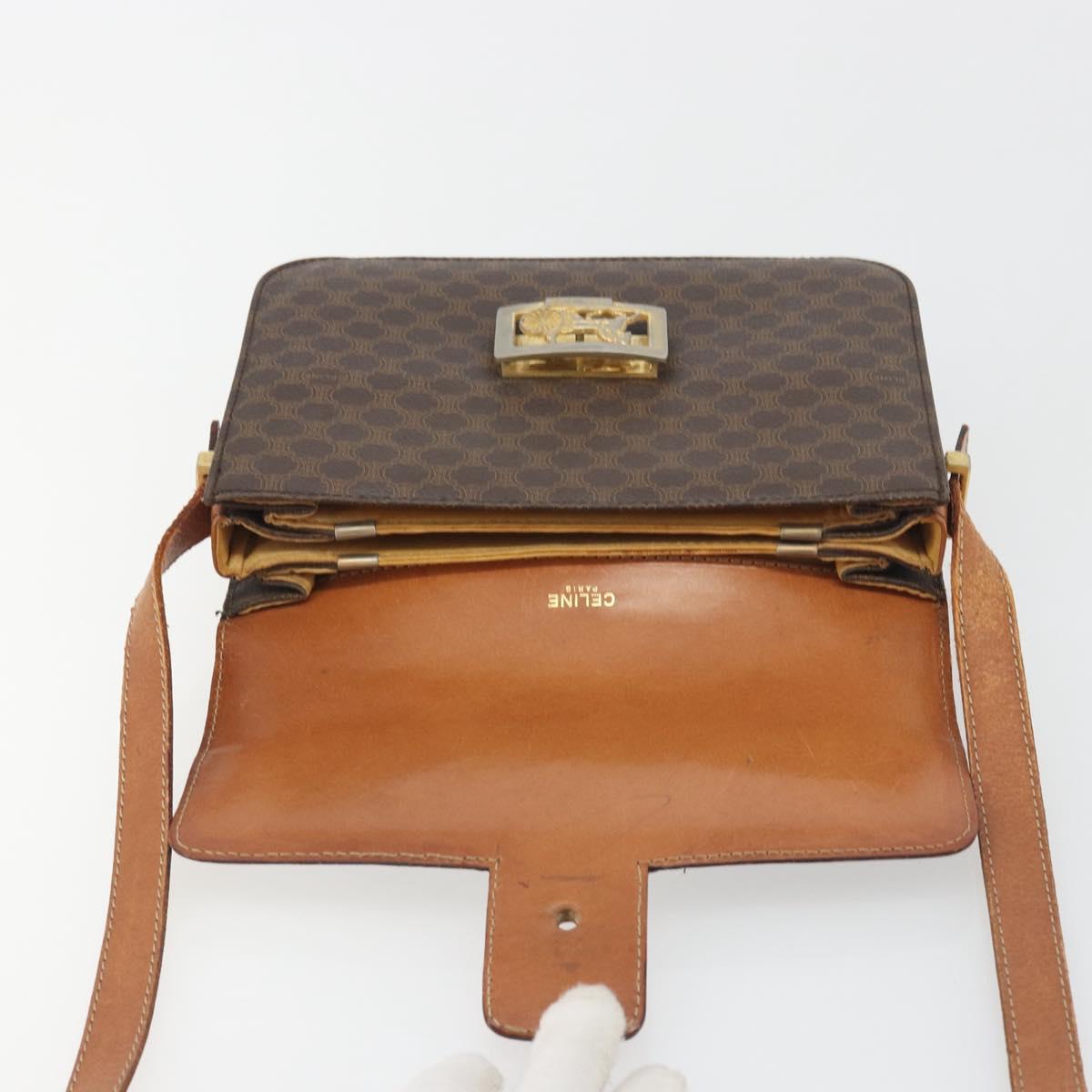 CELINE Macadam Canvas Horse Carriage Bag PVC Leather Brown Gold Auth 193067