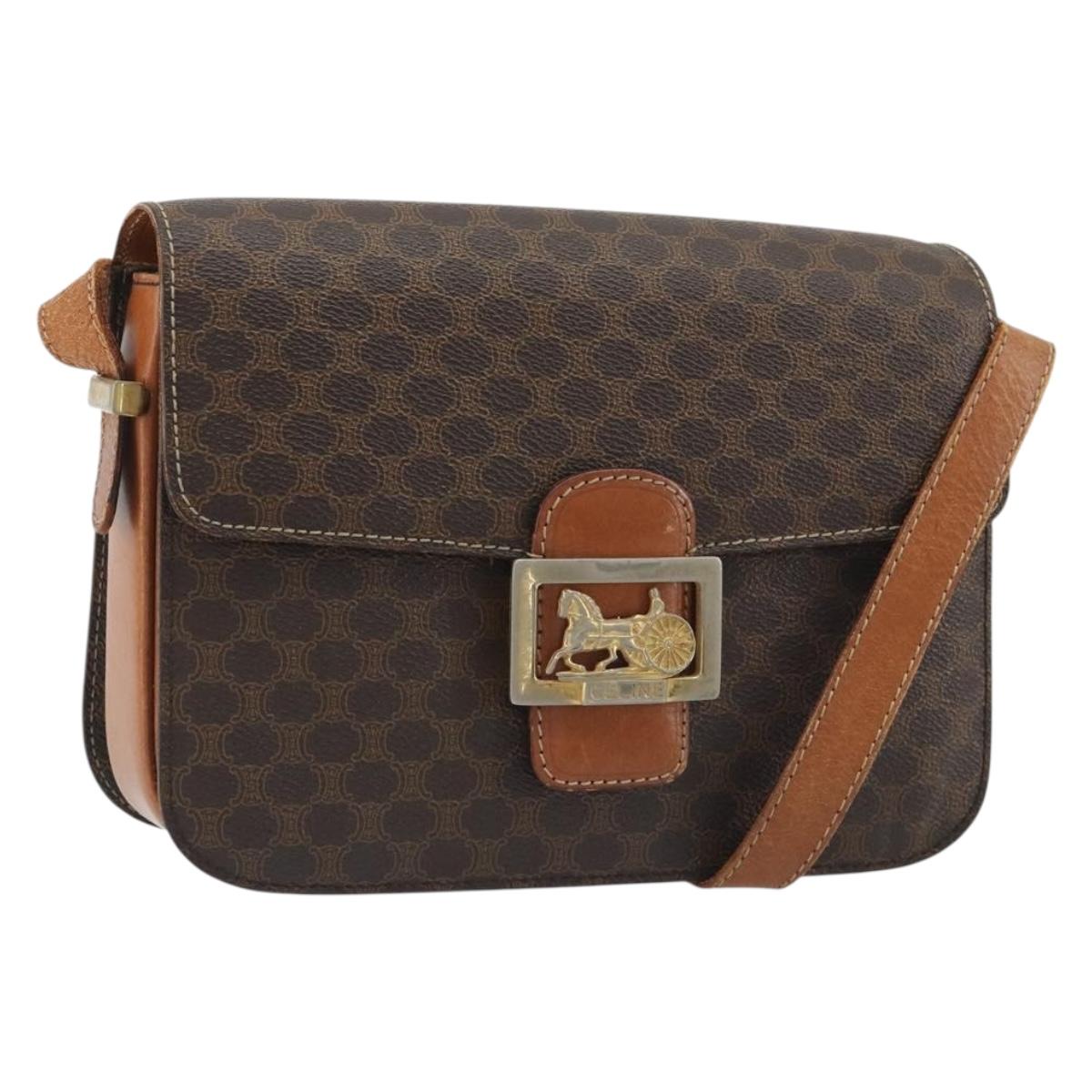 CELINE Macadam Canvas Horse Carriage Bag PVC Leather Brown Gold Auth 193067