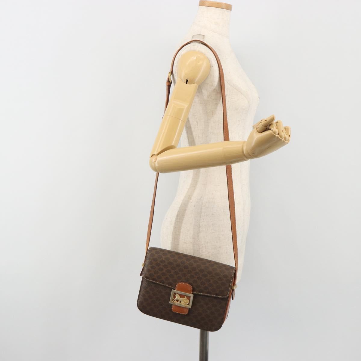 CELINE Macadam Canvas Horse Carriage Bag PVC Leather Brown Gold Auth 193067