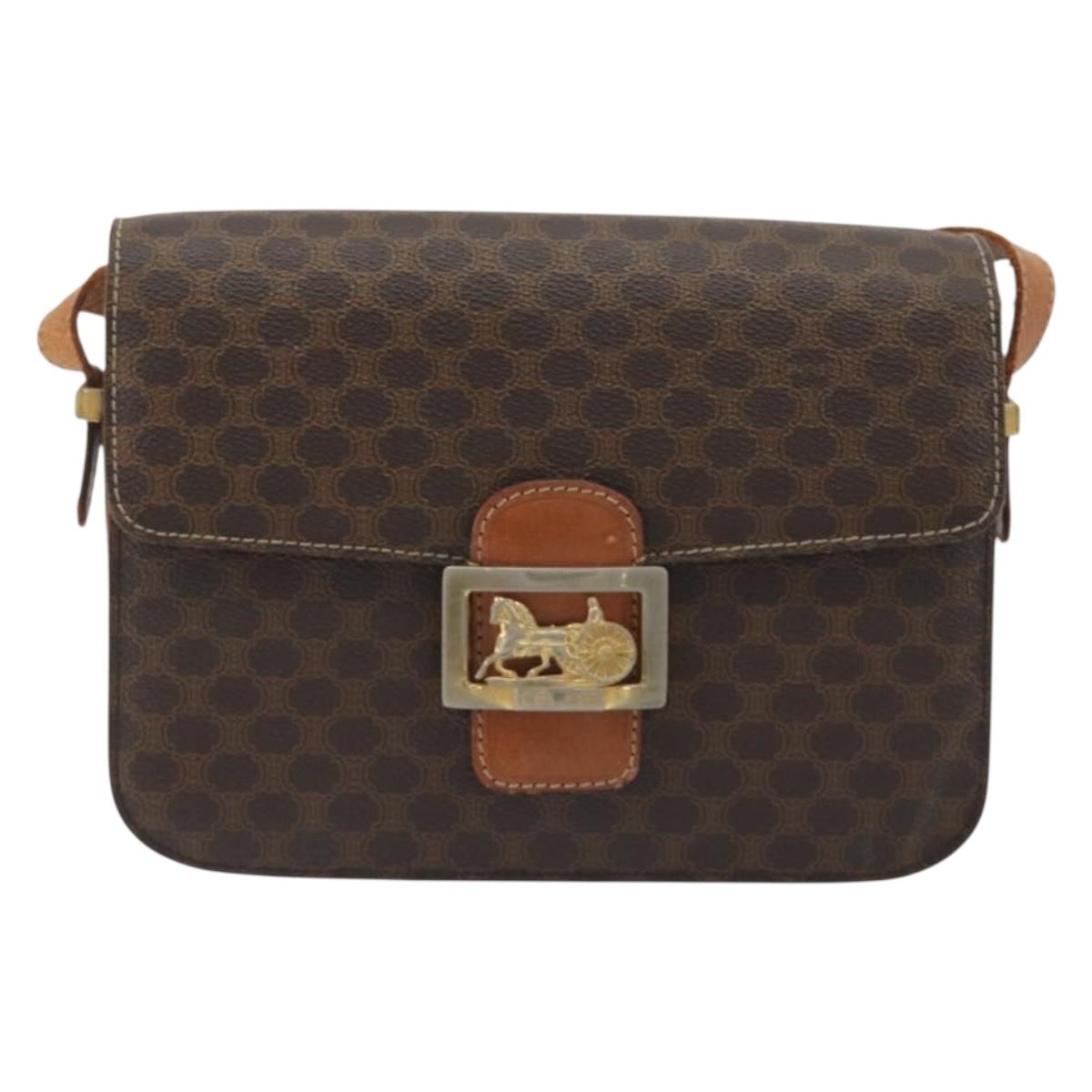 CELINE Macadam Canvas Horse Carriage Bag PVC Leather Brown Gold Auth 193067