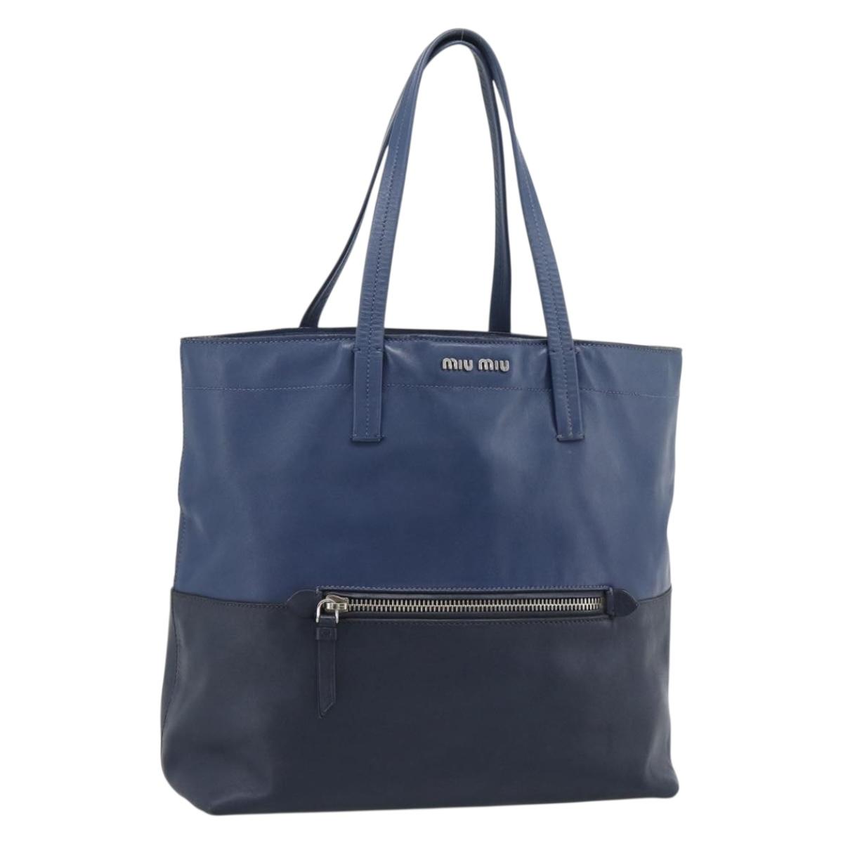 Miu Miu Tote Bag Leather Navy Silver Auth 193071