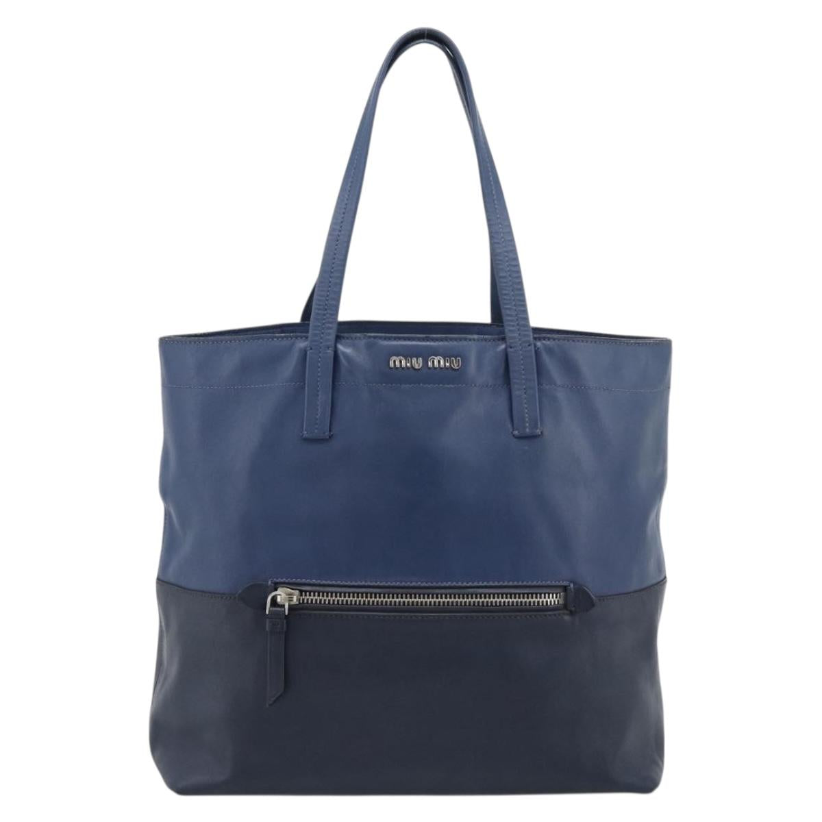 Miu Miu Tote Bag Leather Navy Silver Auth 193071