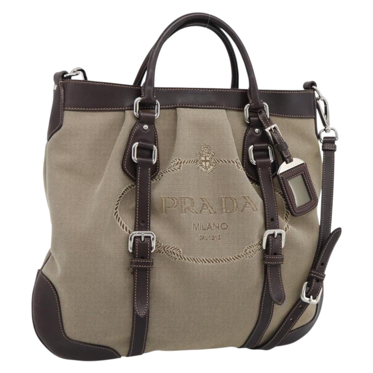 PRADA Hand Bag Canvas Leather 2way Beige Silver Auth 193073V
