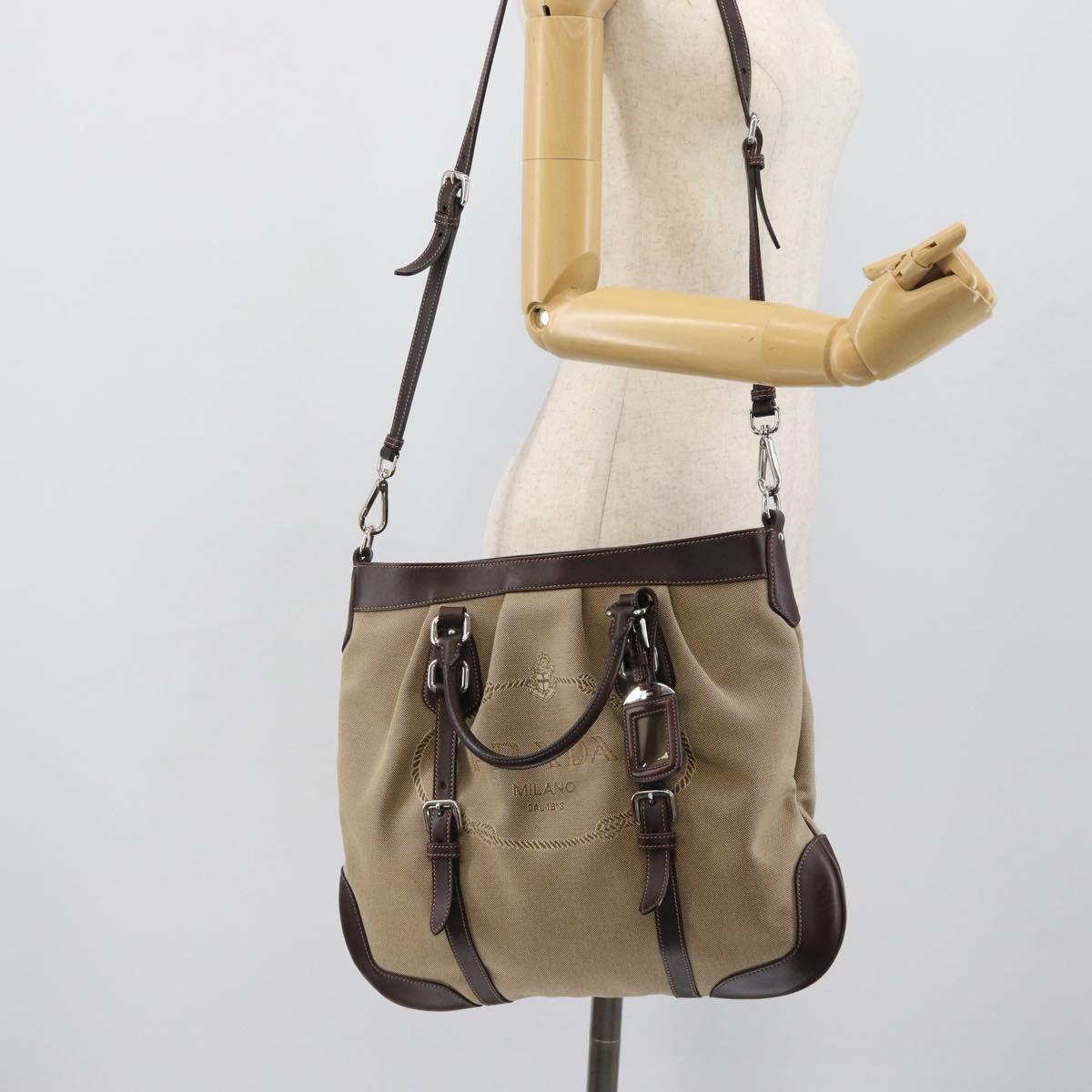 PRADA Hand Bag Canvas Leather 2way Beige Silver Auth 193073V