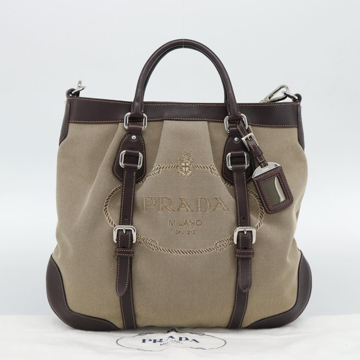 PRADA Hand Bag Canvas Leather 2way Beige Silver Auth 193073V