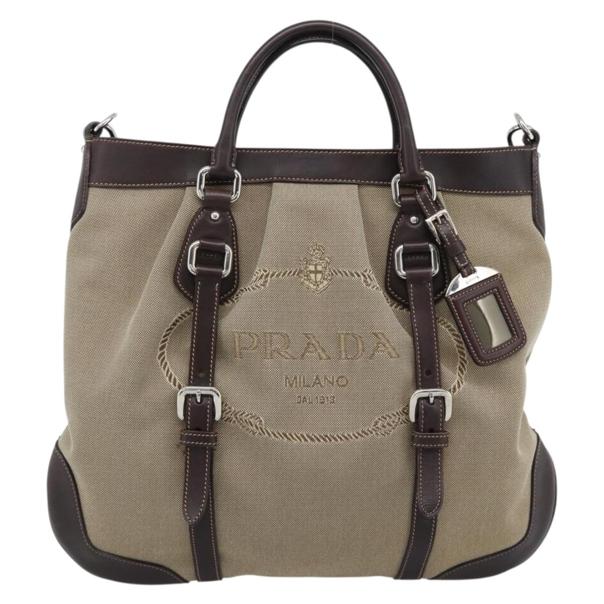 PRADA Hand Bag Canvas Leather 2way Beige Silver Auth 193073V