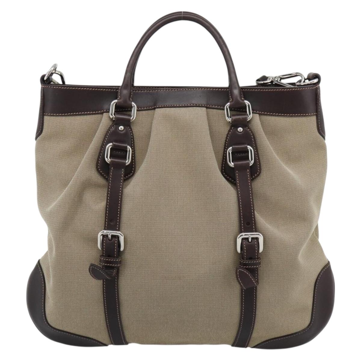 PRADA Hand Bag Canvas Leather 2way Beige Silver Auth 193073V