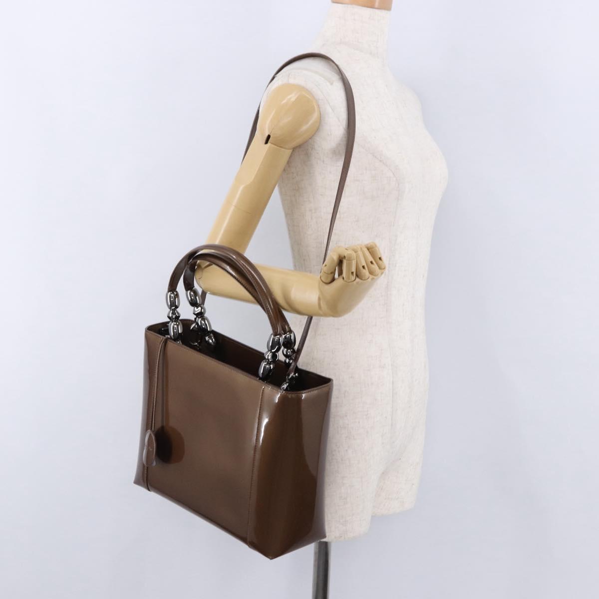 Christian Dior Maris Pearl Bag Patent leather 2way Brown Silver Auth 193076A