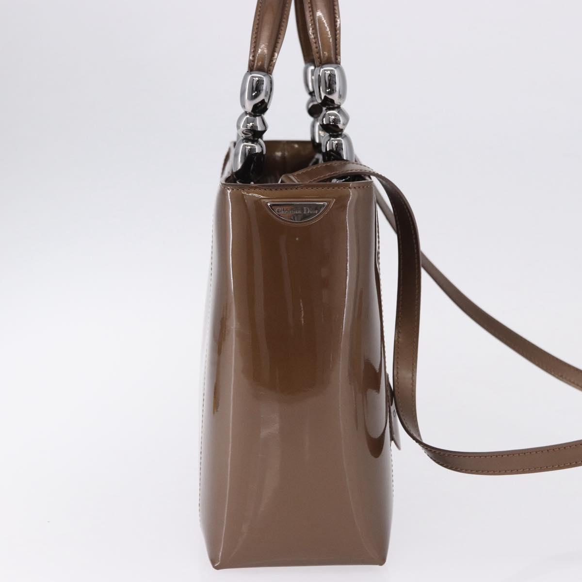 Christian Dior Maris Pearl Bag Patent leather 2way Brown Silver Auth 193076A