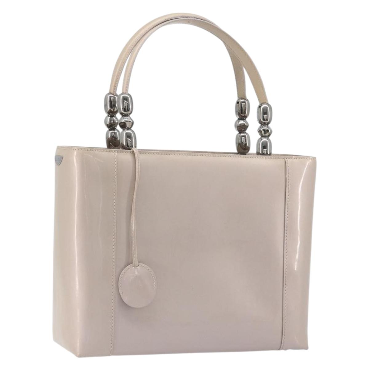 Christian Dior Maris Pearl Hand Bag Patent leather Beige Silver Auth 193082A