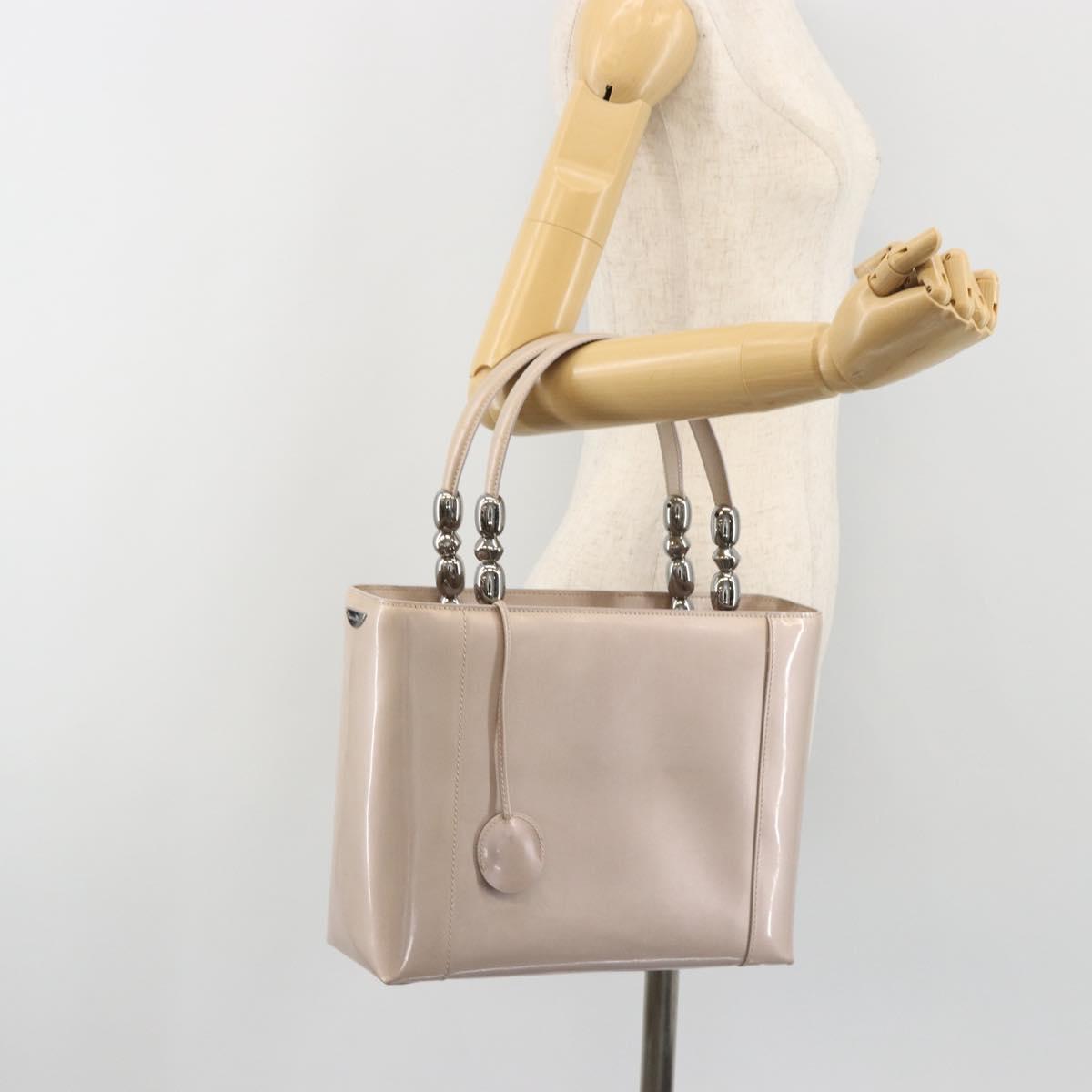 Christian Dior Maris Pearl Hand Bag Patent leather Beige Silver Auth 193082A