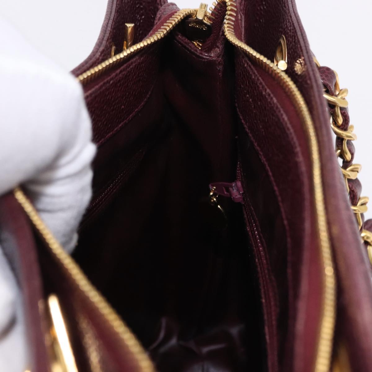 CHANEL Chain Tote Bag Caviar Skin Bordeaux Gold CC Auth 193083A