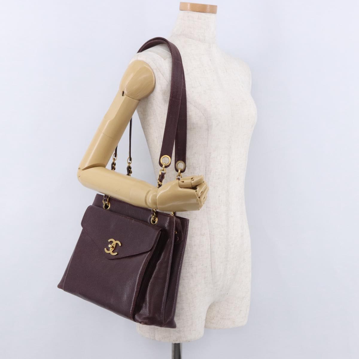 CHANEL Chain Tote Bag Caviar Skin Bordeaux Gold CC Auth 193083A