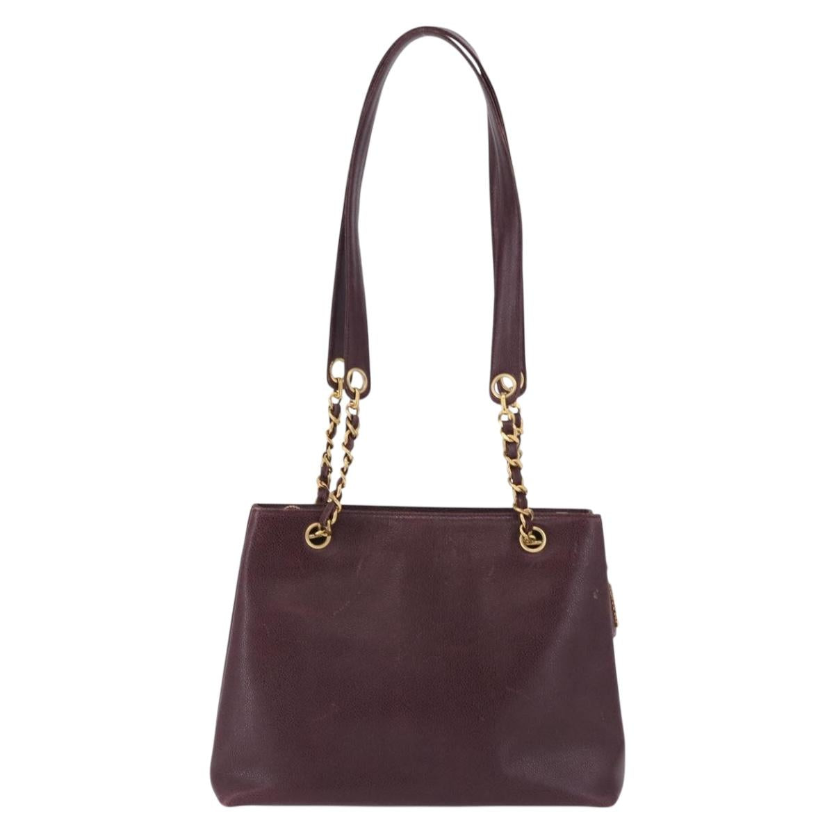 CHANEL Chain Tote Bag Caviar Skin Bordeaux Gold CC Auth 193083A