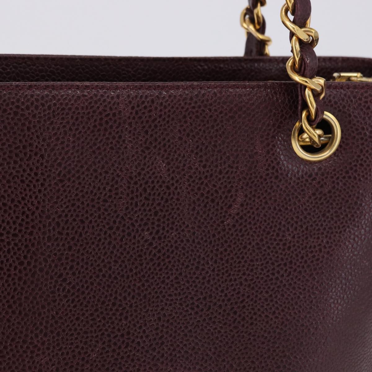 CHANEL Chain Tote Bag Caviar Skin Bordeaux Gold CC Auth 193083A