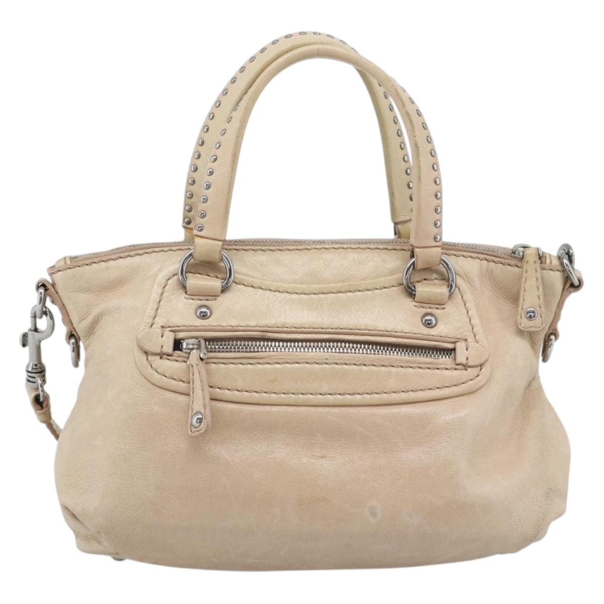 Miu Miu Hand Bag Leather 2way Beige Silver Auth 193084A