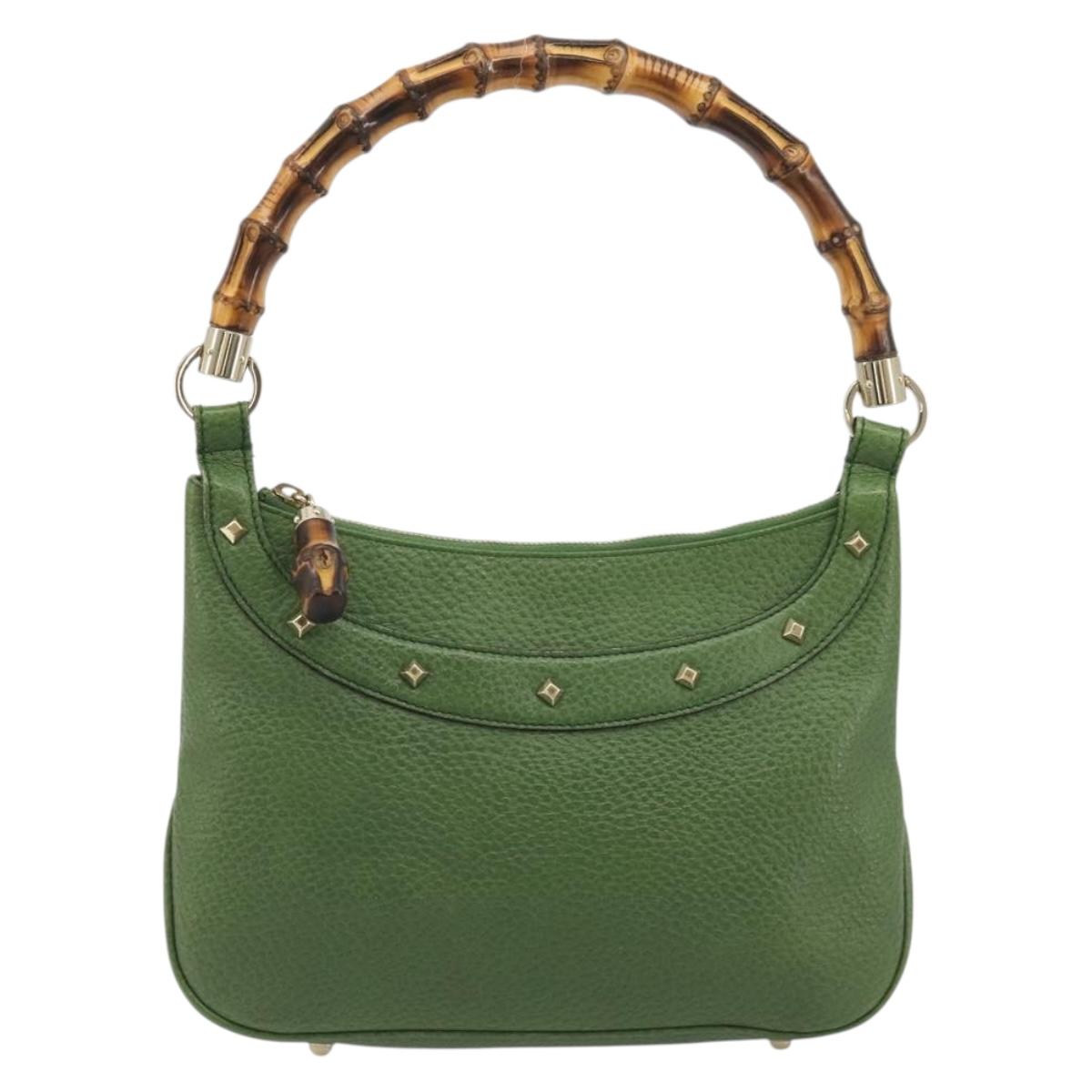 GUCCI Bamboo Shoulder Bag Leather Green Gold 137378 Auth 193088V
