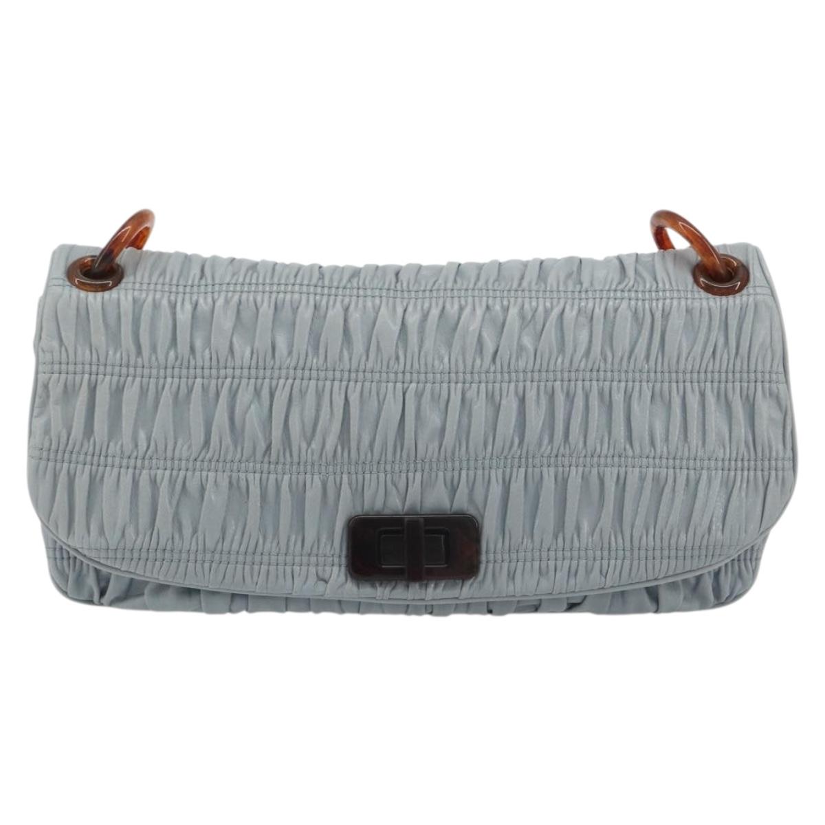 PRADA Gathered Pla Chain Shoulder Bag Leather Light Blue Auth 193094M