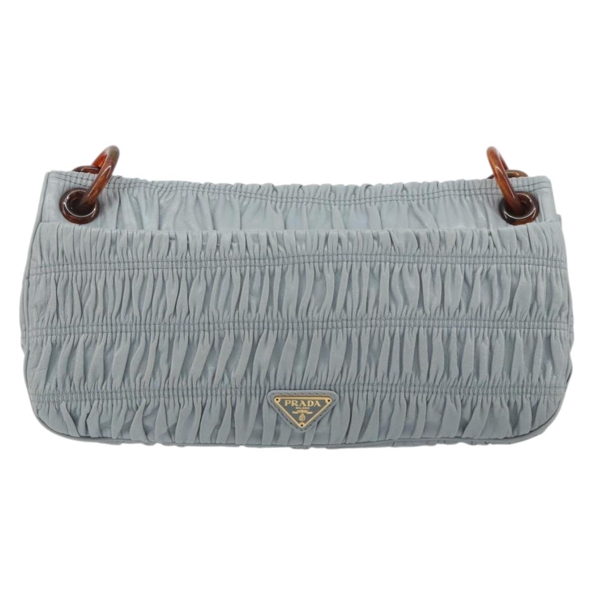 PRADA Gathered Pla Chain Shoulder Bag Leather Light Blue Auth 193094M