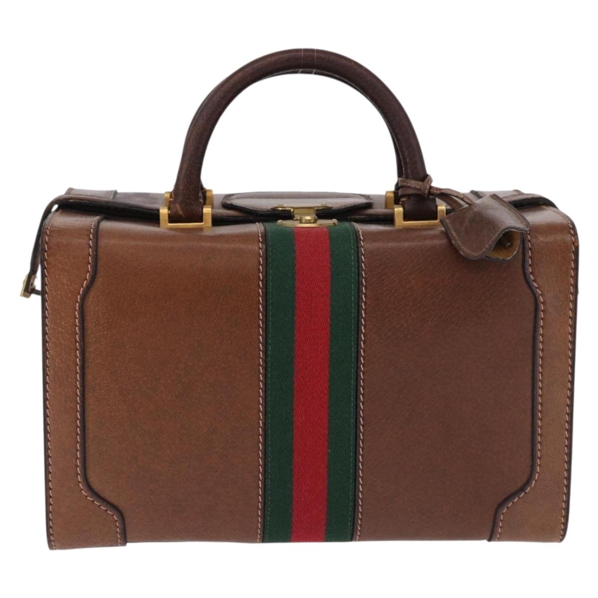 GUCCI Hand Bag Leather Brown Gold Auth 193095